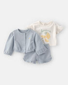 Baby Girl 3-Piece Flutter-Sleeve Top & Short Set - Blue, image 1 of 6 slides