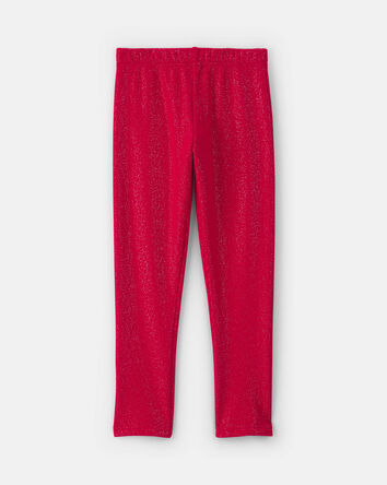 Girls Glitter Fleece Pull-On Stretch Leggings - Red, 