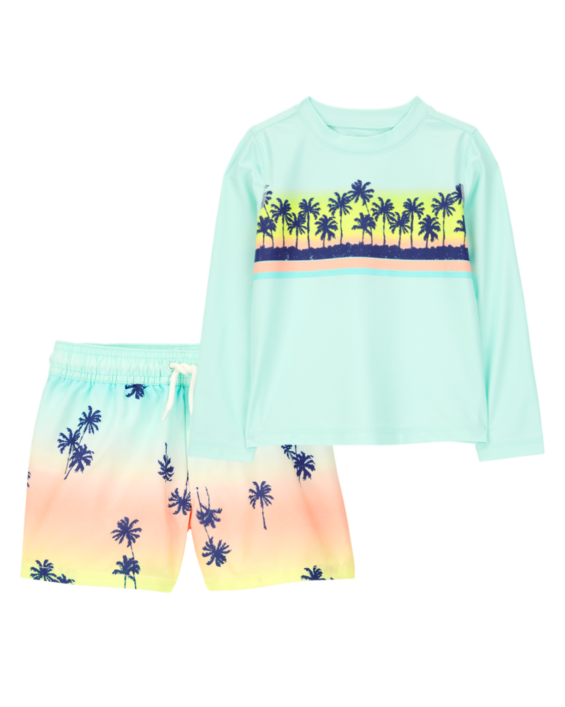 Toddler 2-Piece Palm Tree Rashguard & Swim Trunk Set, image 1 of 6 slides