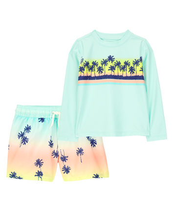 Toddler 2-Piece Palm Tree Rashguard & Swim Trunk Set, 