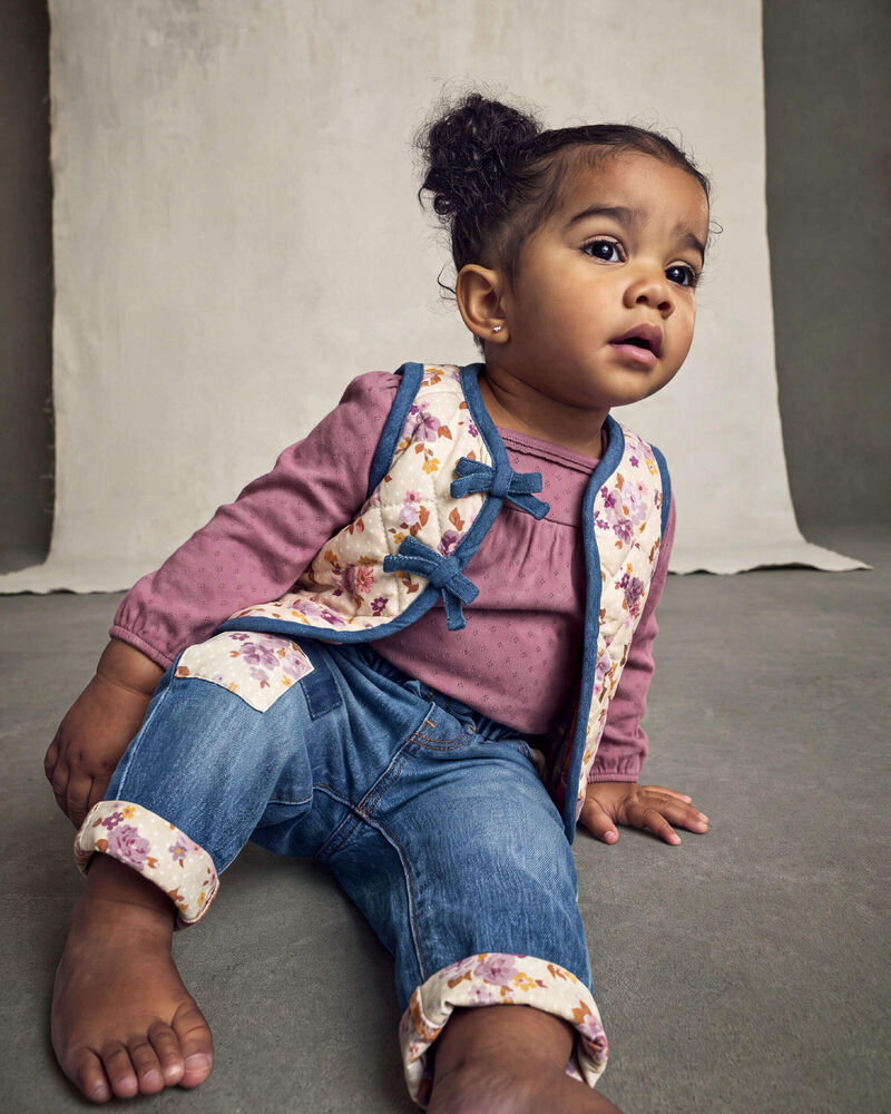 Baby Girl Floral Patch Denim Pull-On Jeans - Light Wash, image 2 of 5 slides