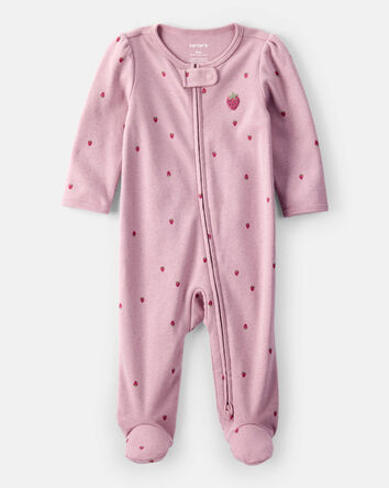 Baby Girl Strawberry Print 100% Cotton Sleeper- Pink, 