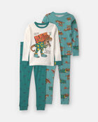 Boys 4-Piece Dinosaur 100% Cotton Snug Fit Pyjama Set - Green, image 1 of 5 slides