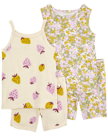 Ensemble pyjama 4 pièces à motif de fleurs et de fraises, 