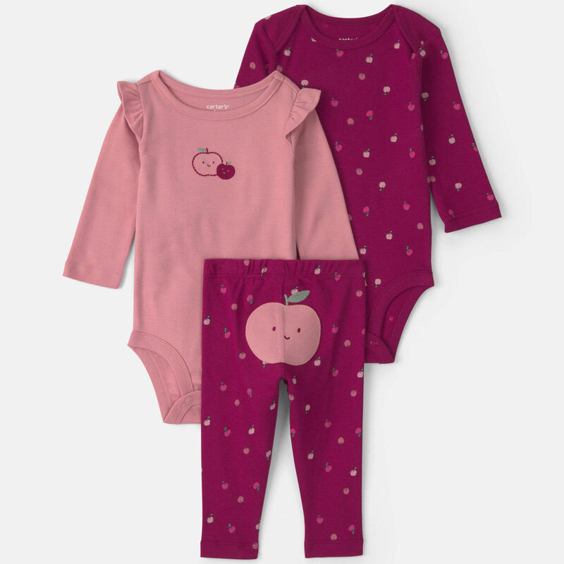 Baby Girl 3-Piece Apple Long-Sleeve Bodysuit & Pant Set - Burgundy/Pink | Carter’s Oshkosh Canada