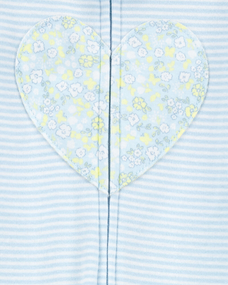 Bébé fille - Pyjama 1 pièce à pieds en coton ajusté à rayures et cœurs - Bleu, image 2 sur 4 diapositives
