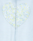 Bébé fille - Pyjama 1 pièce à pieds en coton ajusté à rayures et cœurs - Bleu, image 2 sur 4 diapositives