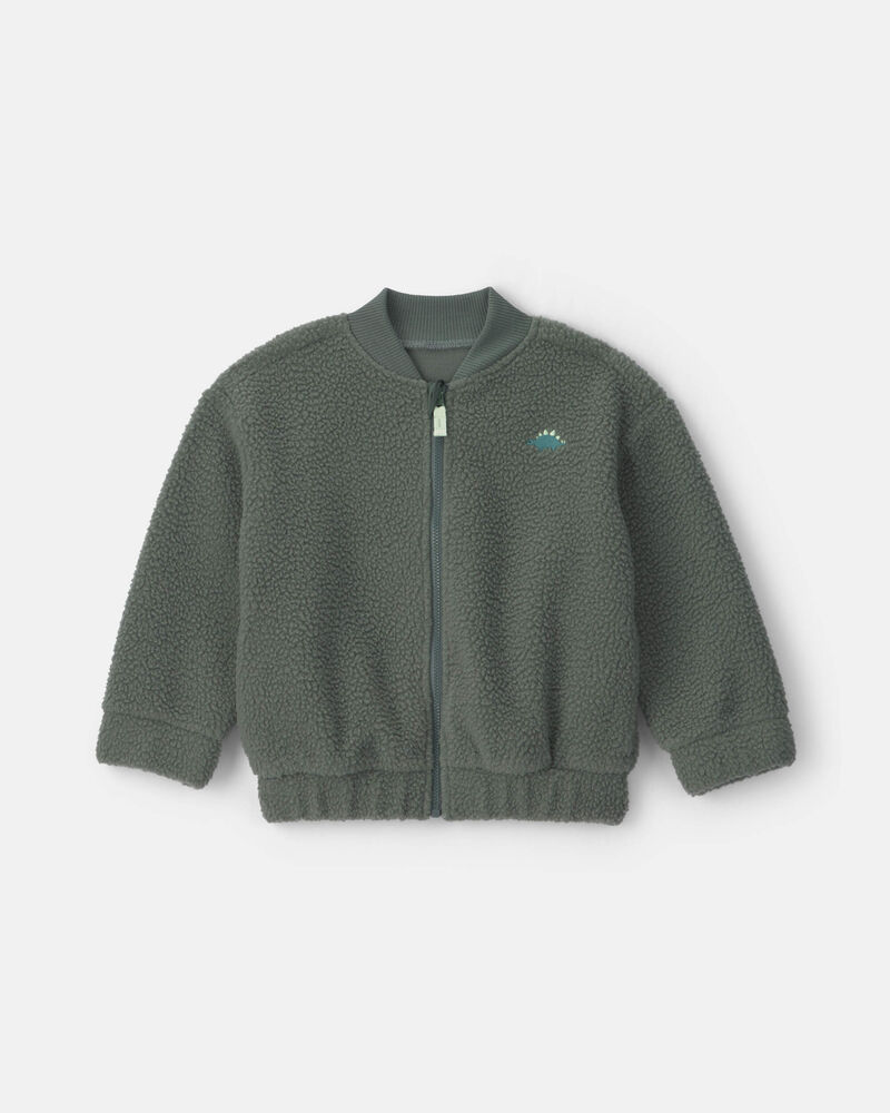 Dinosaur Teddy Fleece Zip-Up Jacket - Olive Green, image 1 of 3 slides