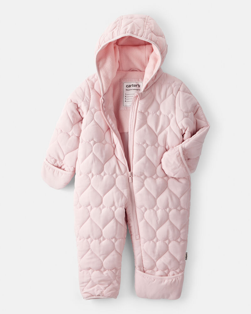 Baby Girl 1-Piece Heart Quilted Pram Snowsuit - Pink, image 2 of 3 slides