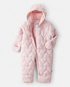 Baby Girl 1-Piece Heart Quilted Pram Snowsuit - Pink, image 2 of 3 slides