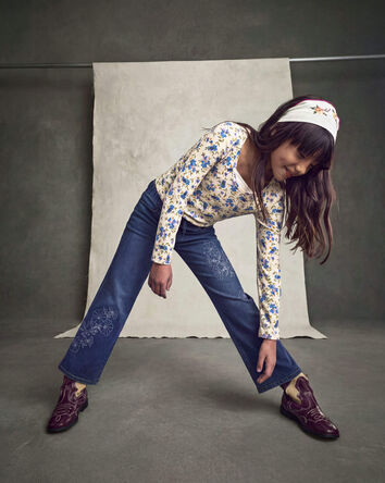Filles - Haut manches longues &agrave; motif floral - Bleu/Cr&egrave;me, 