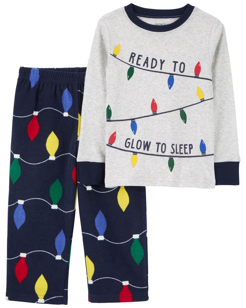 Grey/Navy 2-Piece Christmas Lights Cotton Blend &amp; Fleece Pyjamas ...