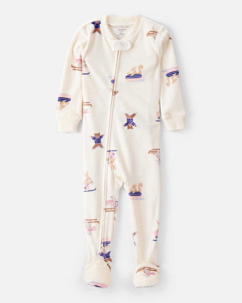 Toddler Girl Snow Animals DreamPlush Snug Fit Long-Sleeve 2-Way Zip 1-Piece Pyjamas - White, image 1 of 3 slides
