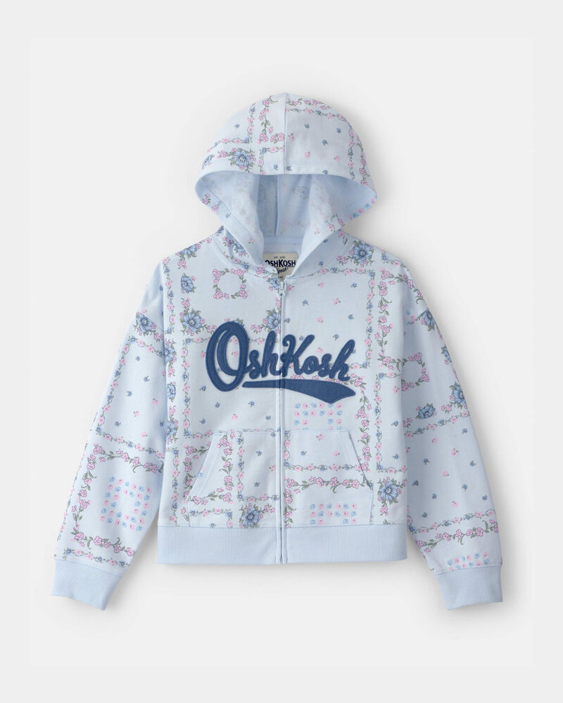 Filles - Blouson &agrave; capuchon, fermeture &agrave; glissi&egrave;re et logo OshKosh, motif floral - Bleu, image 1 sur 3 diapositives
