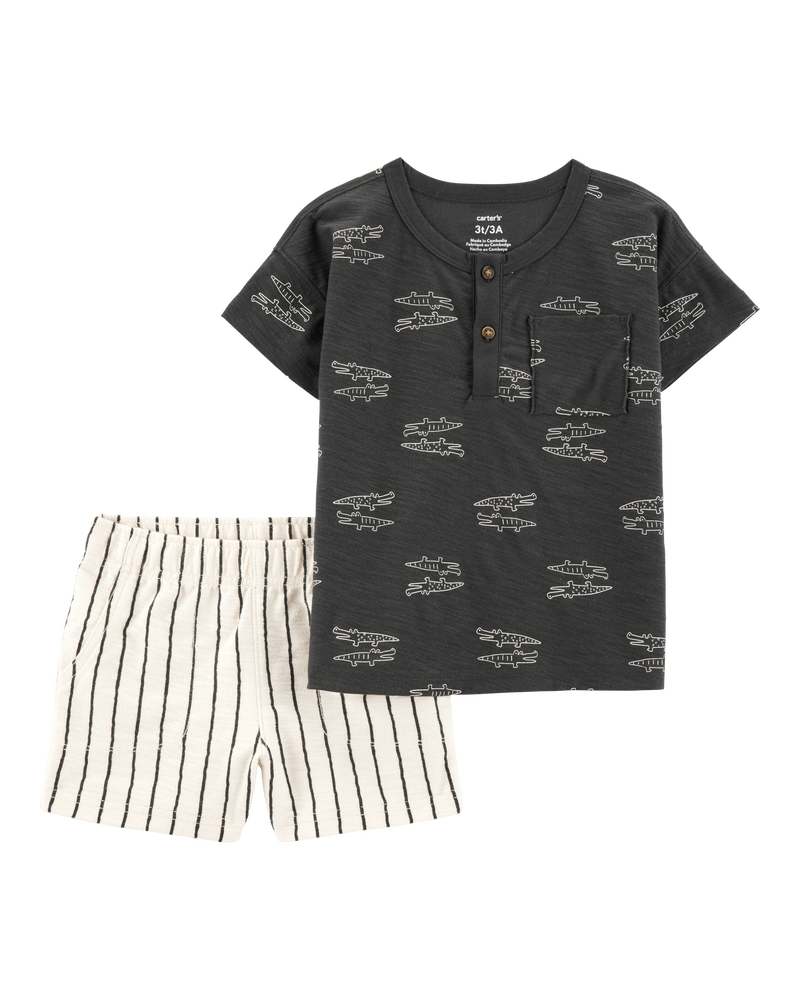 Toddler 2-Piece Alligator Henley Tee & Striped Pull-On Shorts, image 1 of 3 slides
