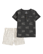 Toddler 2-Piece Alligator Henley Tee & Striped Pull-On Shorts, image 1 of 3 slides