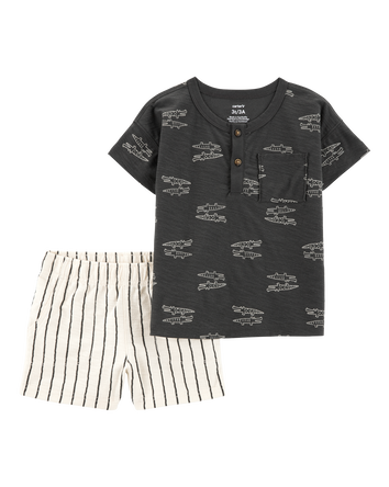 Toddler 2-Piece Alligator Henley Tee & Striped Pull-On Shorts, 