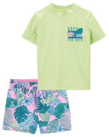 Toddler 2-Piece Short-Sleeve Rashguard & Floral Swim Trunks Set, 