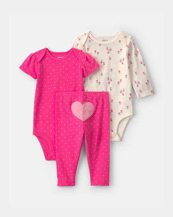 Baby Girl 3-Piece Heart Bodysuit & Pant Set - Pink/Ivory, 