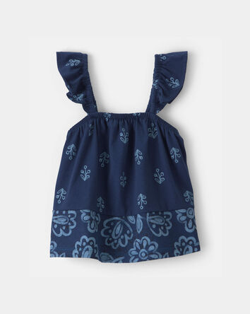 Baby Girl Floral Ruffle-Sleeve Tank Top - Navy, 