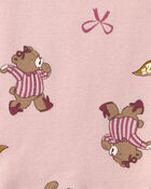 Girls 4-Piece Varsity Bear 100% Cotton Snug Fit Pyjama Set - Pink/Cream, image 2 of 6 slides