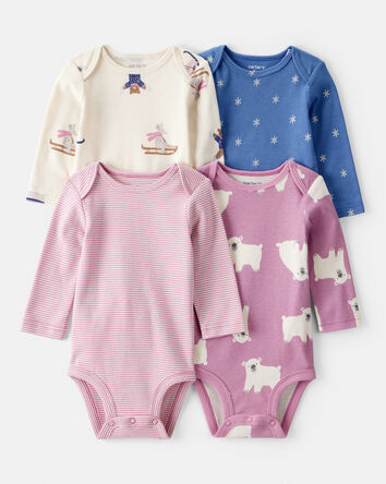 Bébé fille - Emballage de 4 cache-couches en coton à manches longues à motif ours polaire - Blanc/Mauve/Bleu, 