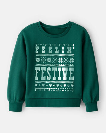 Girls Christmas Festive Long-Sleeve Pullover Sweatshirt - Green, 