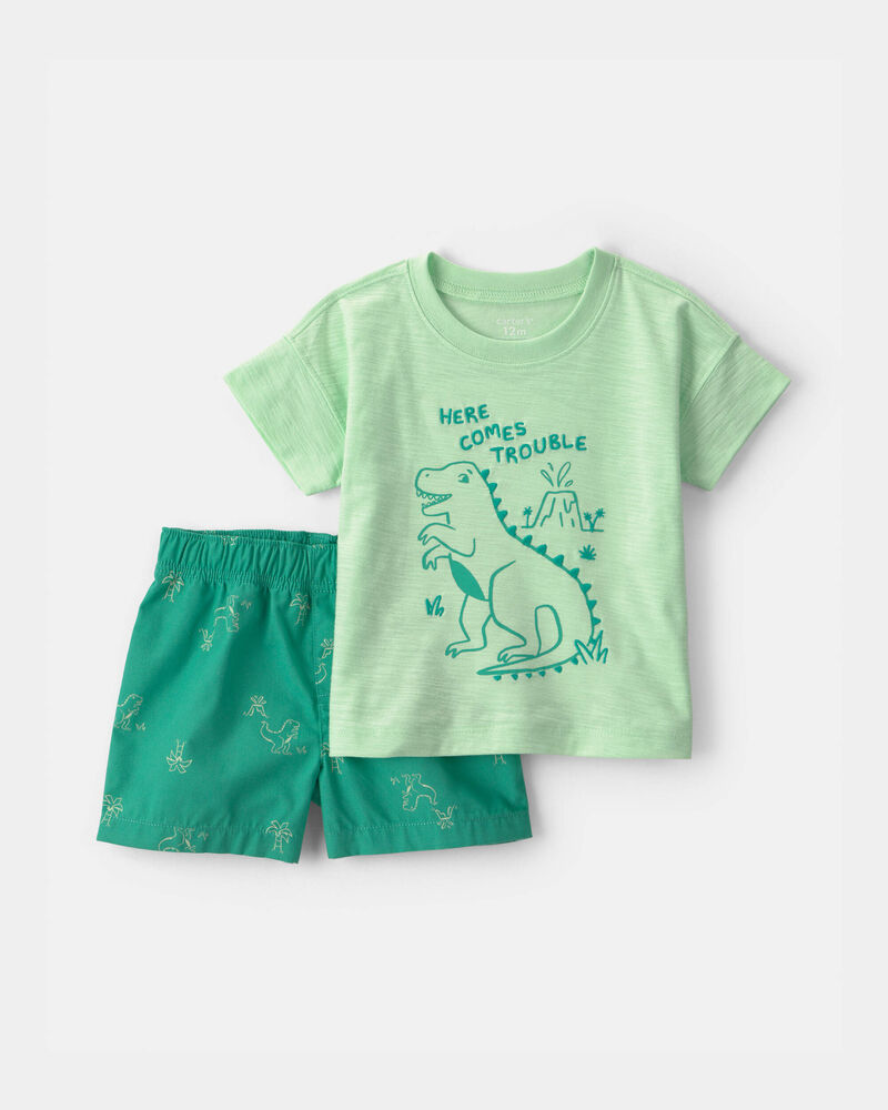 B&eacute;b&eacute; gar&ccedil;on - Ensemble 2 pi&egrave;ces haut &agrave; dinosaure et short - Vert, image 1 sur 3 diapositives
