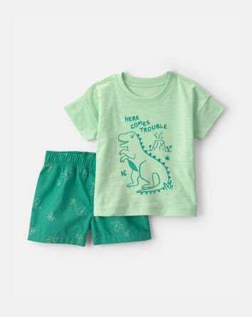 B&eacute;b&eacute; gar&ccedil;on - Ensemble 2 pi&egrave;ces haut &agrave; dinosaure et short - Vert, 