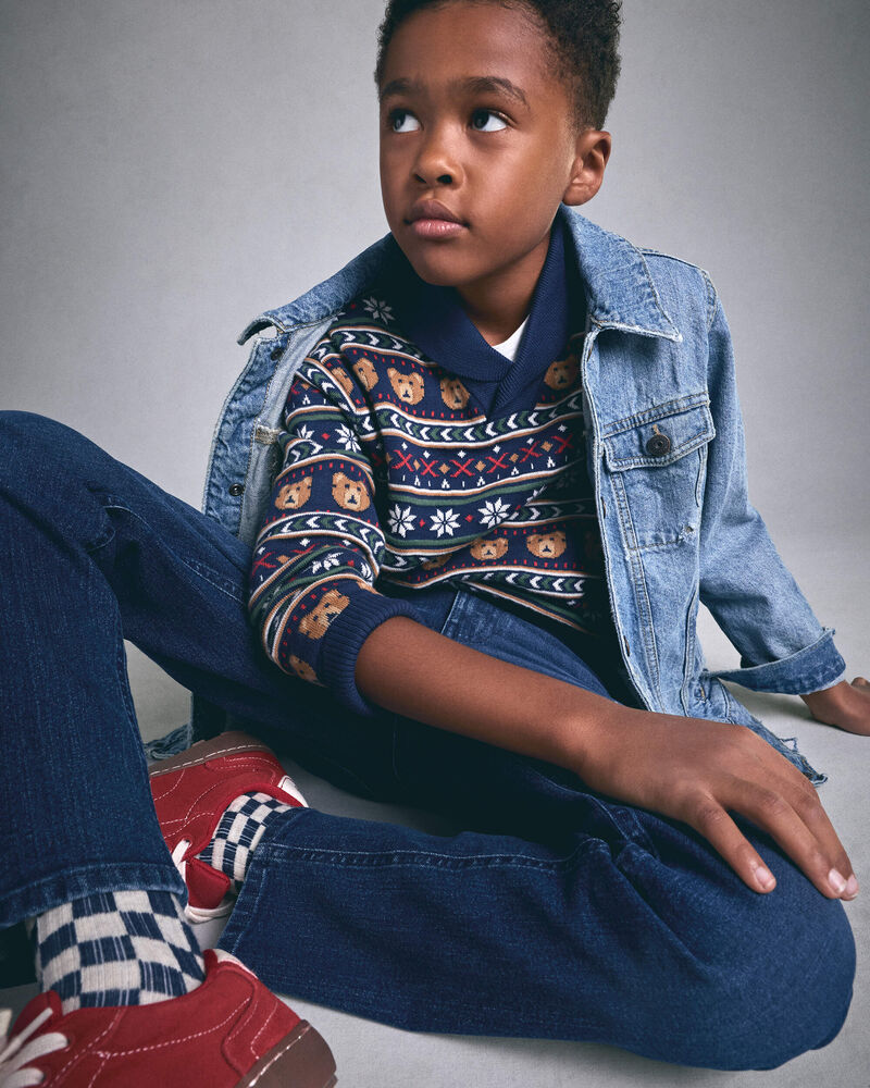 Boys Bear Fair Isle Sweater - Navy Blue, image 2 of 5 slides