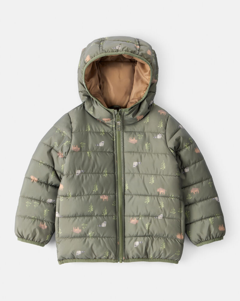 Kid Wilderness Print Hooded Puffer - Green, image 1 of 4 slides