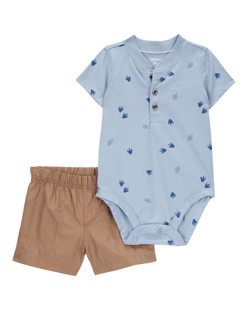 Baby 2-Piece Dinosaur Footprint Bodysuit & Short Set - Blue/Brown, image 1 of 3 slides