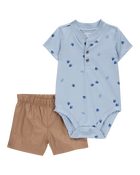 Baby 2-Piece Dinosaur Footprint Bodysuit & Short Set - Blue/Brown, image 1 of 3 slides