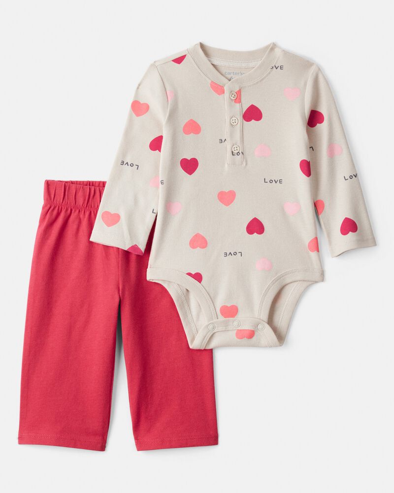 Baby Girl 2-Piece Heart Bodysuit & Pant Set - Red, image 1 of 5 slides