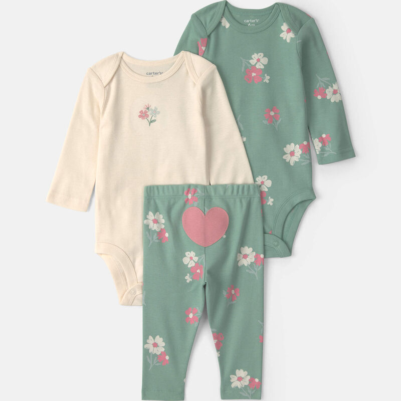 Baby Girl 3-Piece Heart Floral Long-Sleeve Bodysuit & Pant Set - Green/Cream | Carter’s Oshkosh Canada