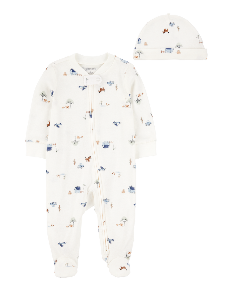 Baby 2-Piece 2-Way Zip Sleeper & Cap Set, image 1 of 3 slides