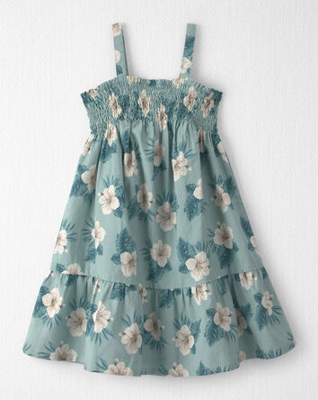 Girls  Smocked Linen Dress Made with Organic Cotton in Blue Hibiscus, 