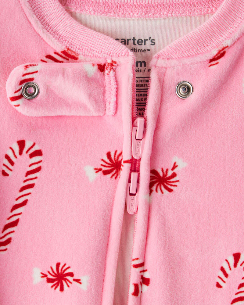Baby Girl Peppermint Print Velour Long-Sleeve Loose Fit 1-Piece pyjamas - Pink, image 2 of 4 slides