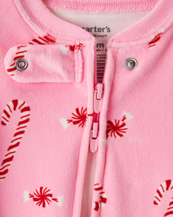 Baby Girl Peppermint Print Velour Long-Sleeve Loose Fit 1-Piece pyjamas - Pink, 