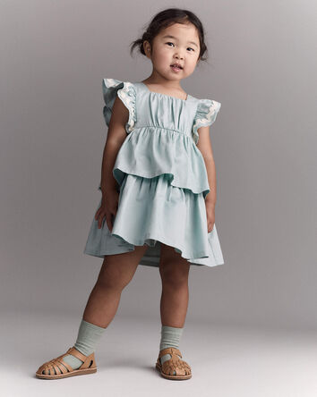 Tout-petit fille - Robe &agrave; volants en tissu gaufr&eacute; - Bleu clair, 