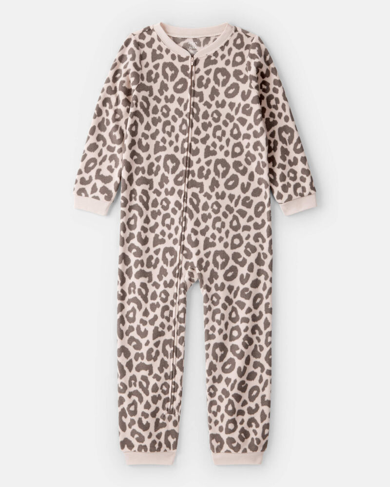 Girls Leopard Fleece Long-Sleeve Snug Fit 1-Piece Pajamas - Brown, image 1 of 3 slides