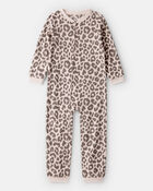 Girls Leopard Fleece Long-Sleeve Snug Fit 1-Piece Pajamas - Brown, image 1 of 3 slides