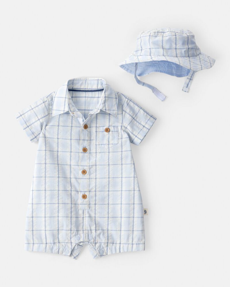 Baby Boy 2-PC Plaid Romper & Hat Set - Blue, image 1 of 3 slides