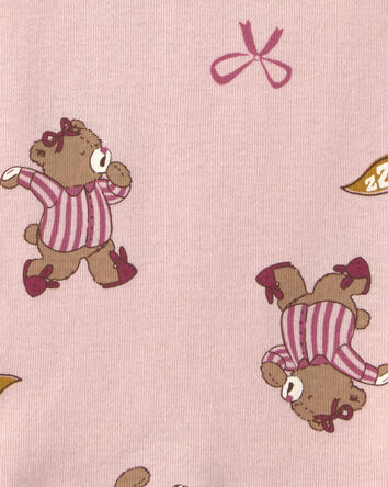 Girls 4-Piece Varsity Bear 100% Cotton Snug Fit Pyjama Set - Pink/Cream, 