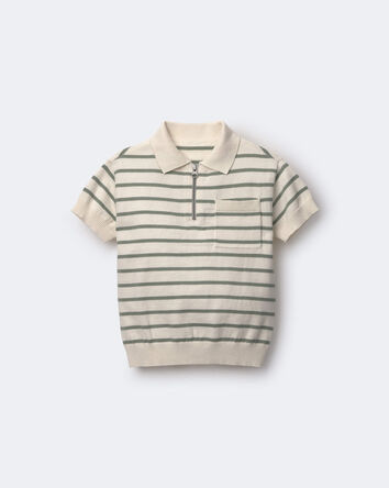 Toddler Boy Zip-Up Polo in Stripes - Cream, 