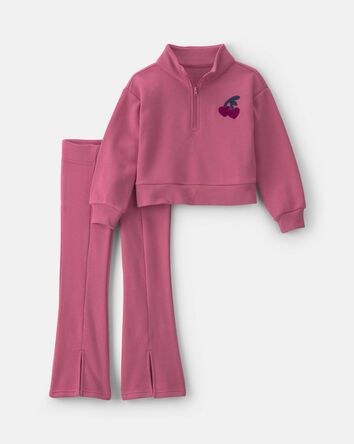 Filles - Ensemble 2 pi&egrave;ces en molleton avec haut &agrave; fermeture &agrave; glissi&egrave;re 1/4 &agrave; motif cerise et pantalon - Rose, 