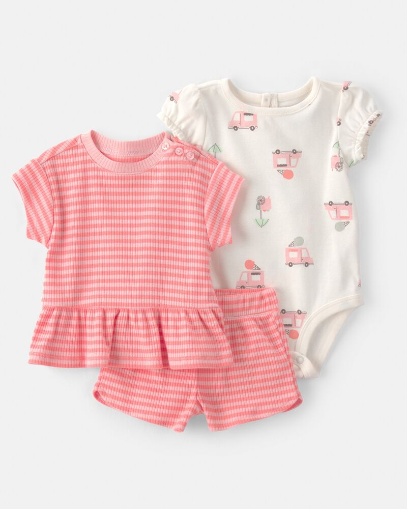 Baby Girl 3-Piece Ice Cream Truck Short-Sleeve Top, Bodysuit & Short Set - Pink/Ivory, image 1 of 4 slides