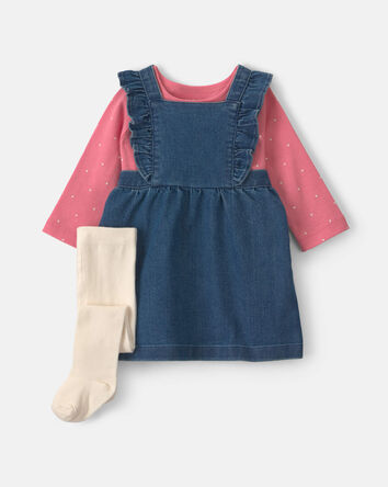Baby Girl 3-Piece Polka Dot Chambray Long-Sleeve Dress Set - Pink/Indigo, 