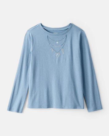Girls Charm Necklace Long-Sleeve Graphic Tee - Blue, 