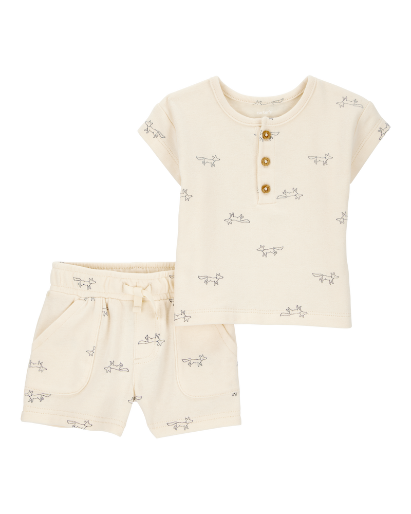 Baby 2-Piece Fox Print Tee & Short Set - Khaki, image 1 of 3 slides
